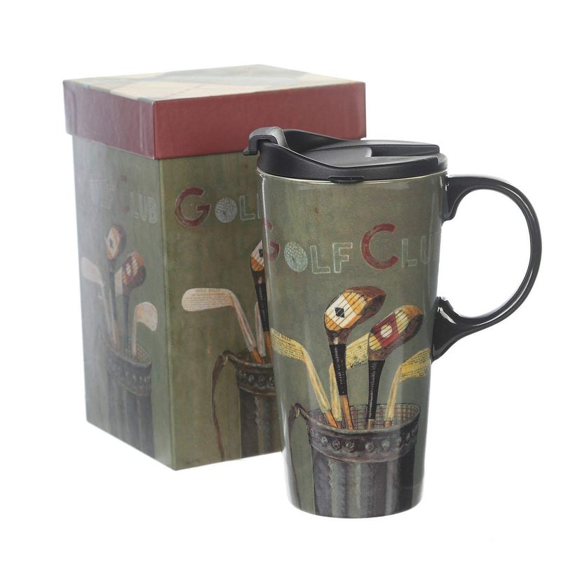 Topadorn Coffee Ceramic Mug Porcelain Latte Tea Cup with Lid 17oz,Golf - Image 1